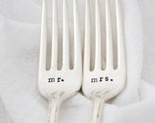 Wedding Forks, Mr and Mrs stamped forks for unique engagement gift idea under 25. Engraved lettering by hand.
