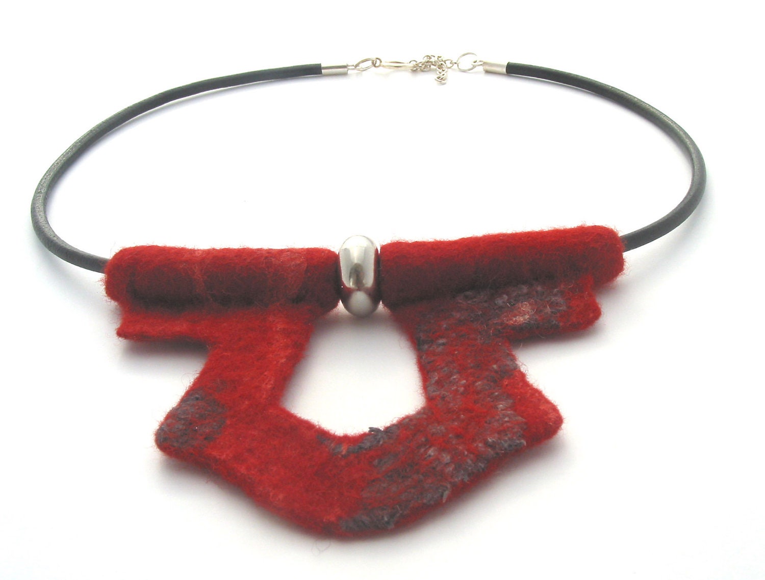 Red felted necklace on leather thong,cord,felt necklace,ethnic,tribal,boho,modern,ethnic. - CraftbyMaryla