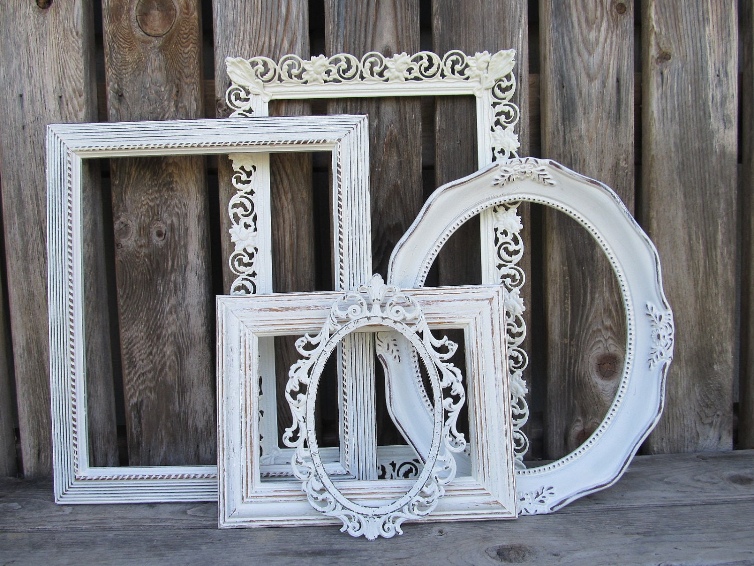 Five Ornate Filagree Shabby Chic Antique White Frames