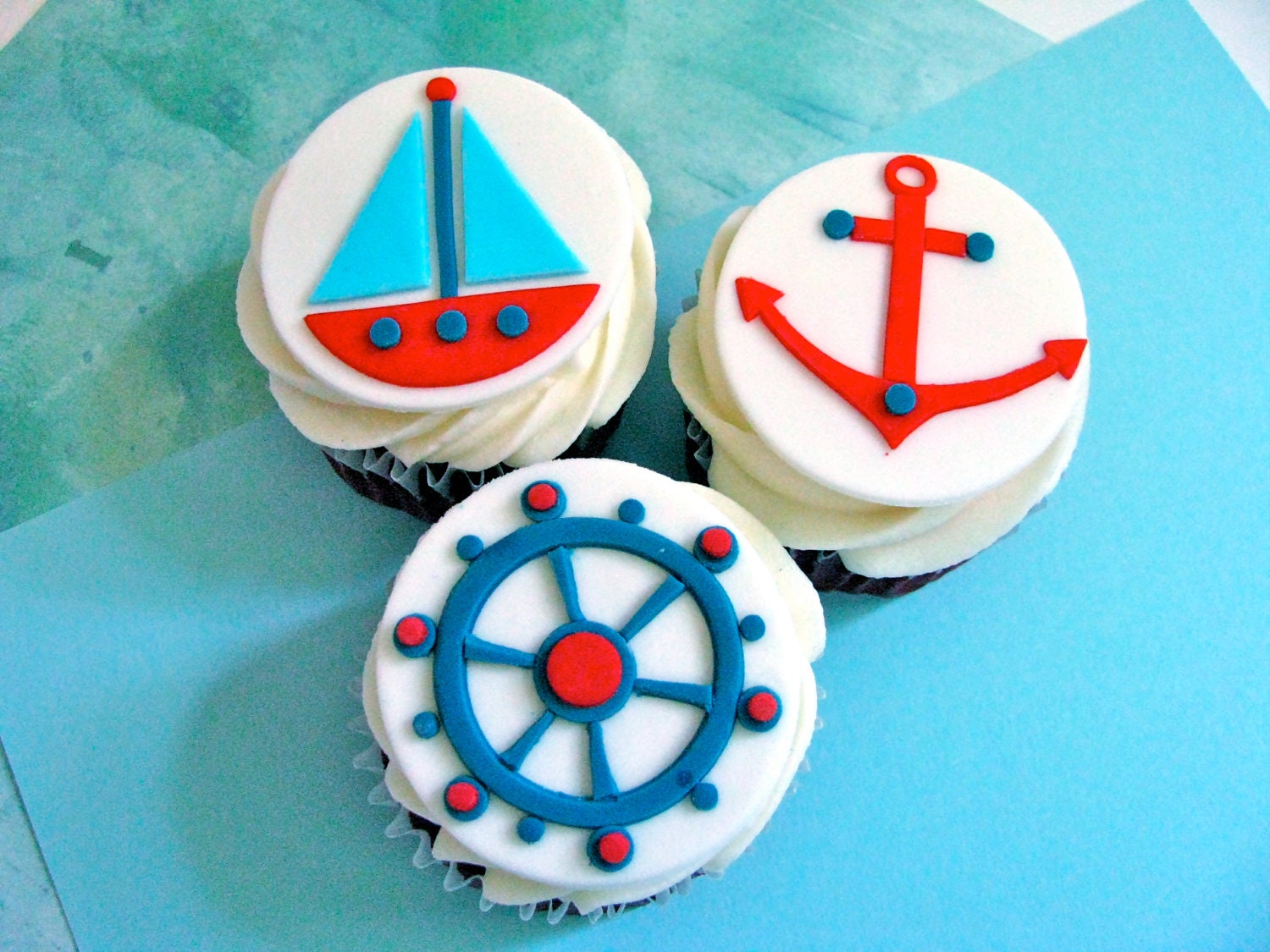 Nautical Sailboat Anchor Captain Ship Wheel Cupcake Topper Set