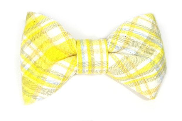 Wedding Kids Clip-On Bow Tie - Yellow white and grey plaid bowtie