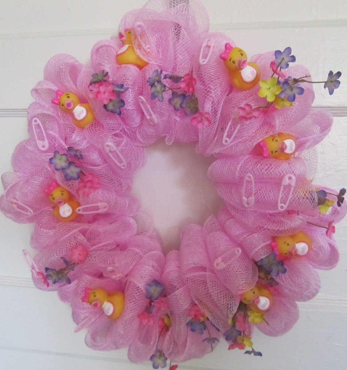 15in Pink Baby Girl Wreath or Centerpiece w/Babys Breath, Ducks, and Diaper Pins