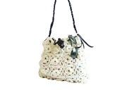 SALE. White Crochet Bag- Black leather handle- Unique model- Floral pattern handbag- White tote bag- Autumn handbag