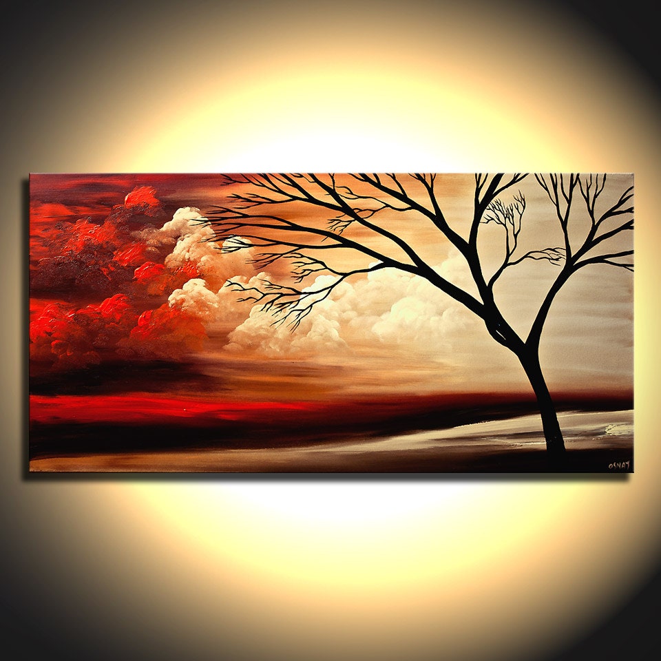 Original Red Landscape Painting on Canvas Tree Art Earth Tones by Osnat Tzadok 48"x24"