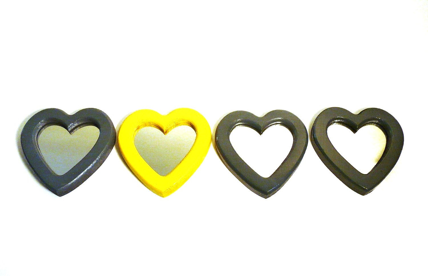 heart mirror set // yellow and grey gray, hearts, mirrors, wood, mod home decor, cute, upcycled frames, wall decor