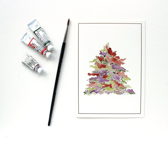 Christmas Tree Watercolor Painting - Set of 8 Blank Holiday Cards -  Purple Red Green White - trowelandpaintbrush