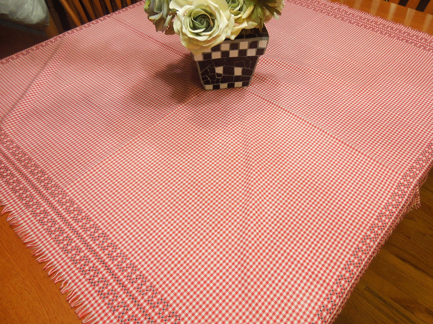 Vintage Red Gingham Card Table Cross Stitch Table cloth, linen, holiday, housewares, home decor by MarlenesAttic