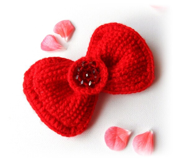Crochet Red Bow - Brooch Pin Tie Hair Accessory