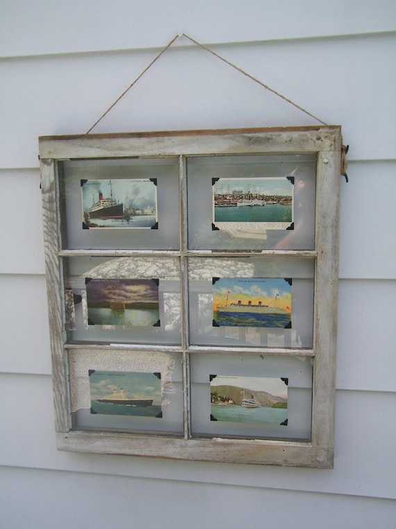 Vintage Nautical Ship Post Cards on an old 6 Pane, White Distressed Window