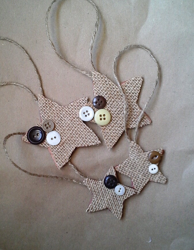 Set of 4 - Wooden Burlap Vintage Button Stars -Christmas Ornament/Gift Tag Accessory-Rustic/Country/Folk