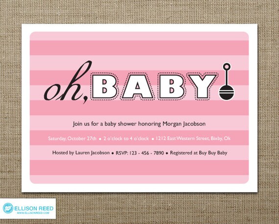 Pink Baby Shower Invitation - Girl Shower Invitation - Baby Sprinkle - Printable Baby Shower - Oh Baby - Pink - Black - rattle Il_570xn