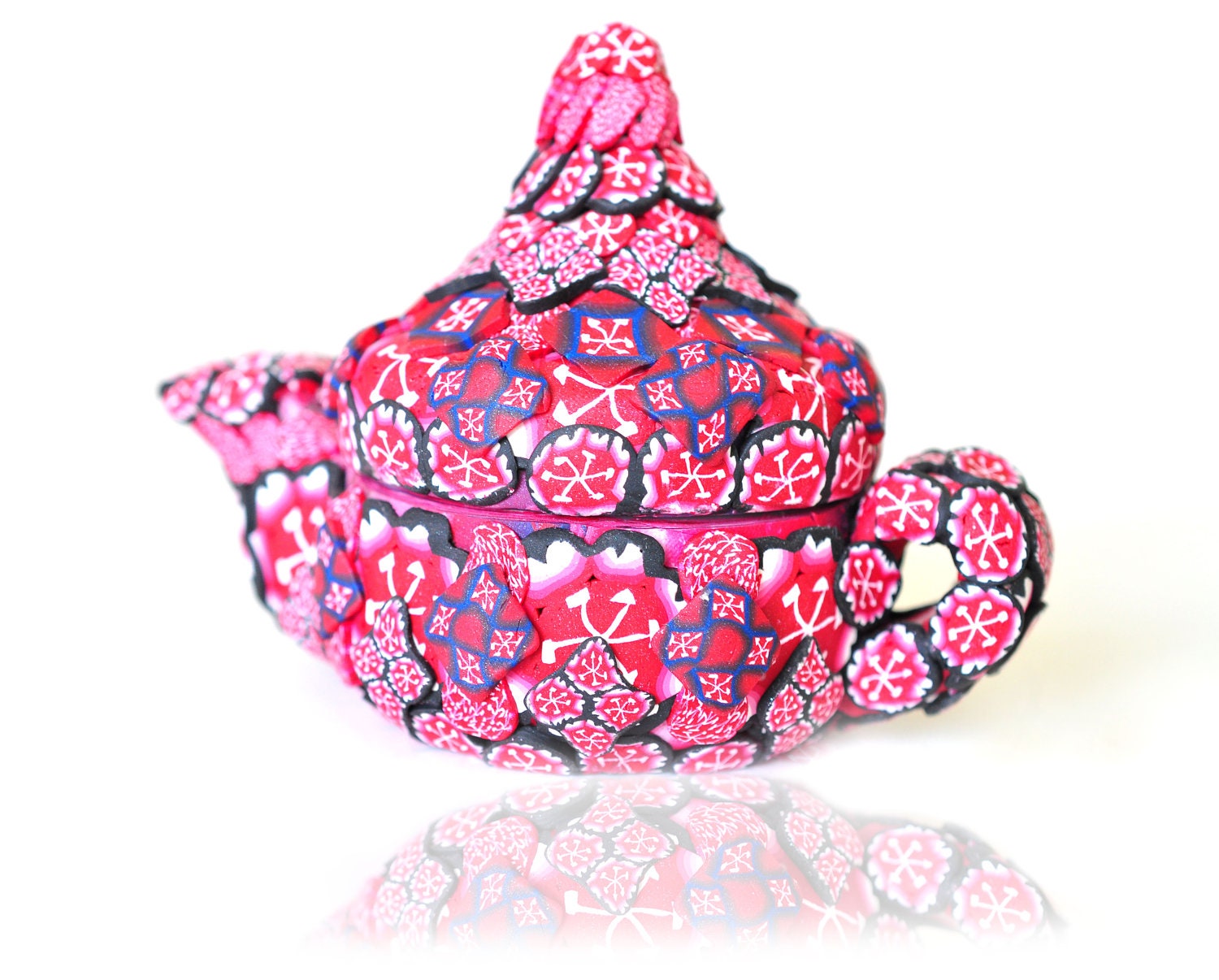 ON SALE Polymer Clay Teapot 3D Patriotic Floral by ClaydeLys1