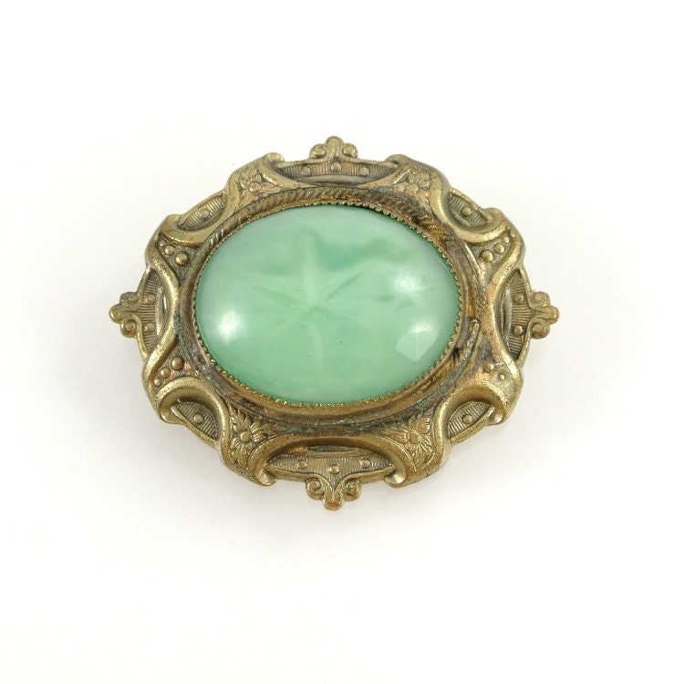 Vintage Glass Brooch, Chrysoprase Green Star Cabochon, Faceted Pressed Glass Stone, Floral Scroll Gold Brass