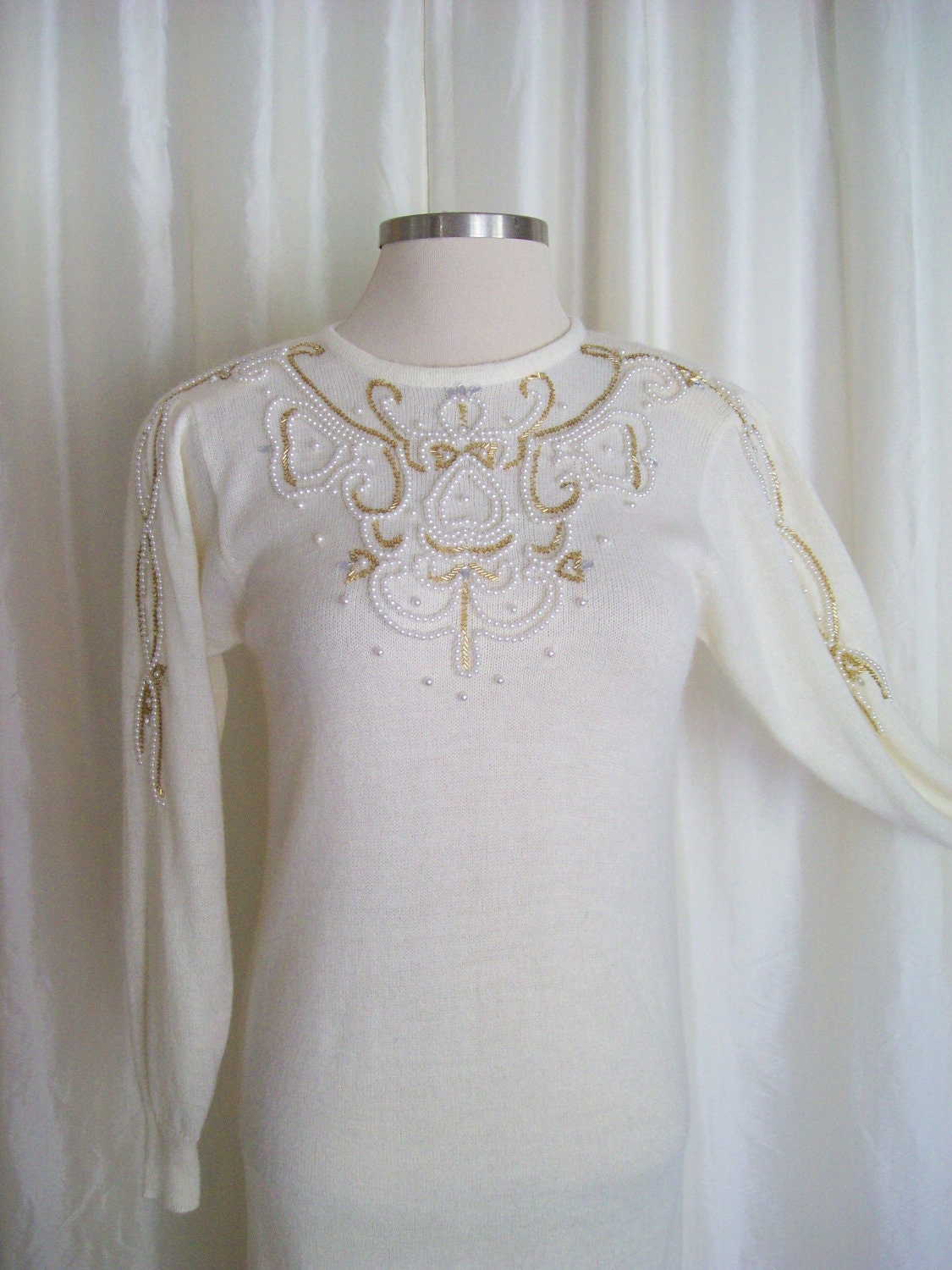Vintage sweater dress white gold beaded by GabriellasTreasures