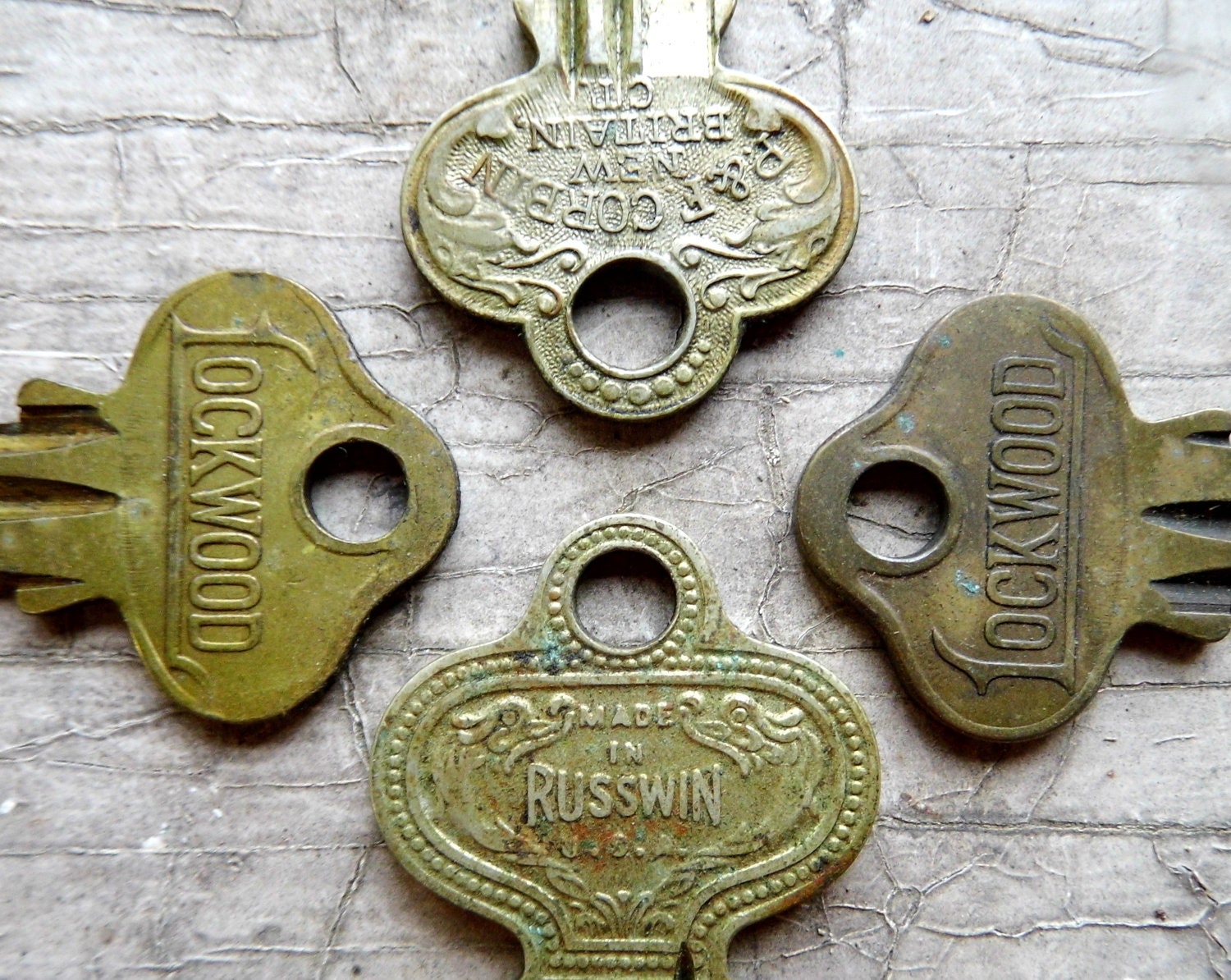 4 Antique Brass and Silver Tone Keys, Stunning Embossing, Key Metal for Crafts, Jewelry, Shadow Boxes from All Vintage Man