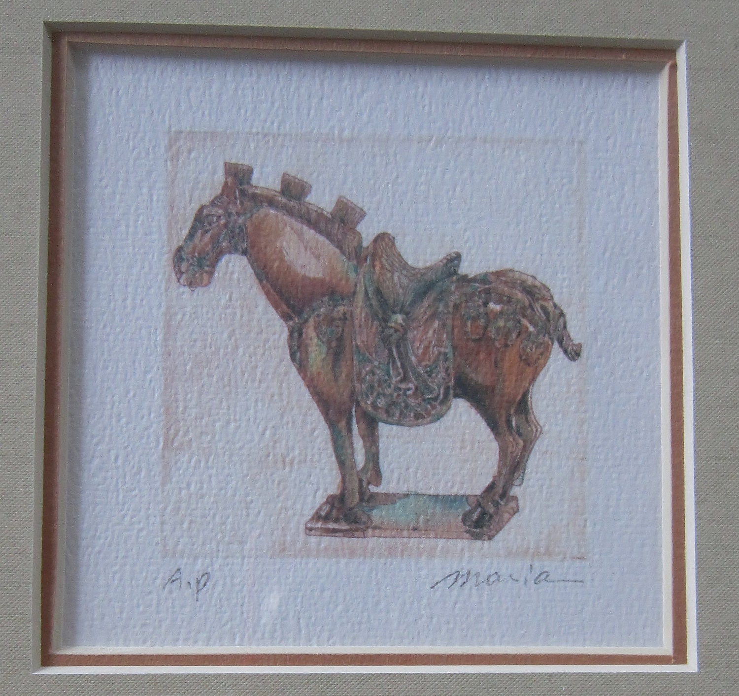 Vintage Asian Tang Horse 895 - Original Frame - Signed by Artsit Hung Ci Yee Moria - VistaChick