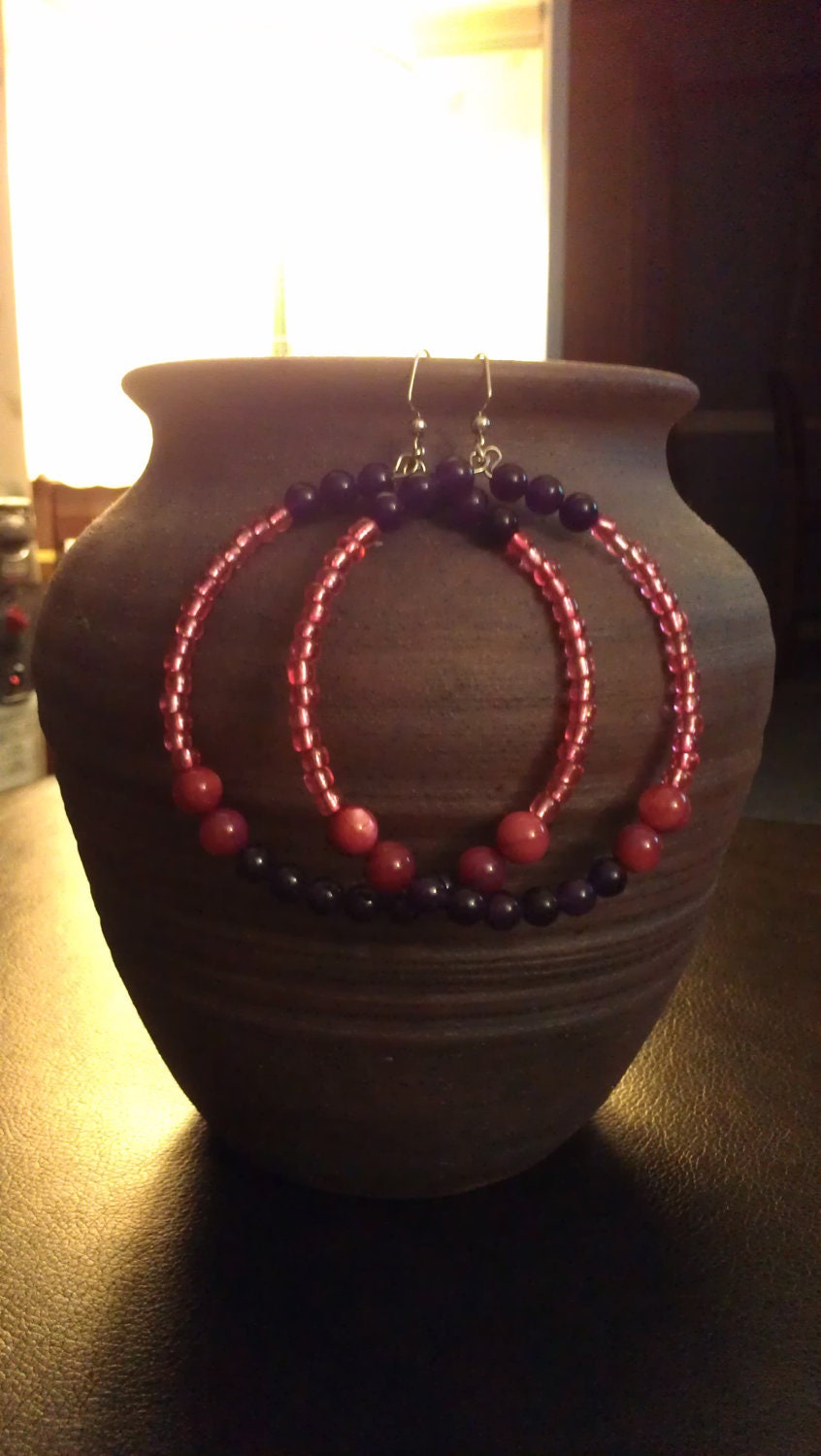 Purple and Pink Beaded Hoop Earrings with Glass Beads: "Sugar and Spice"