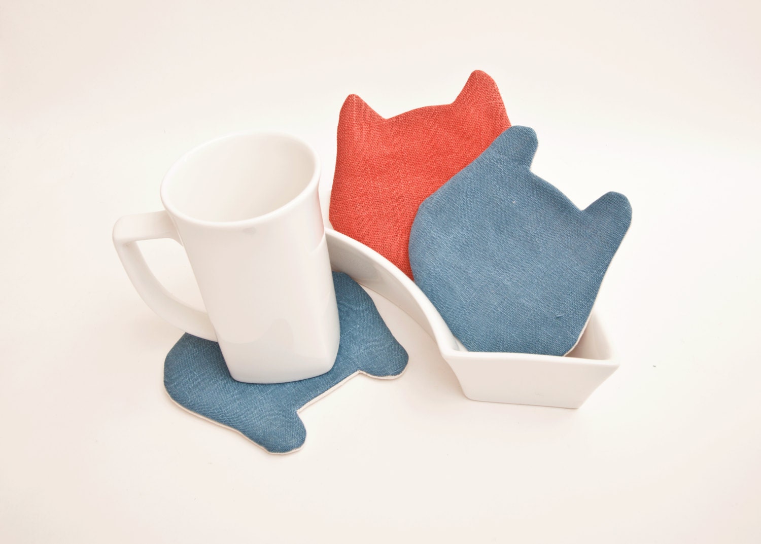 Fabric Coasters for cups. set of 4. 2 blue 2 red cat bear