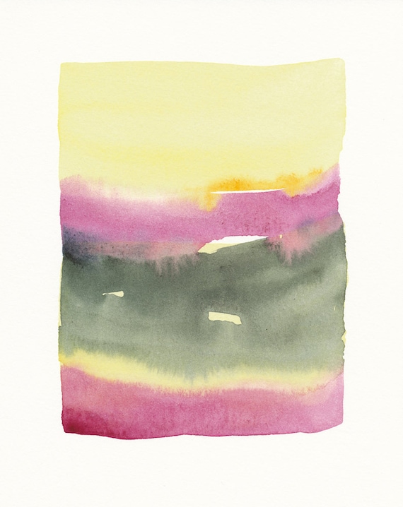 watercolor painting in violet to yellow to green grey color bands blending, small original painting