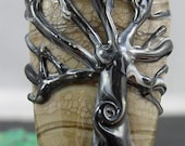 Handmade lampwork focal glass bead pendant lentil shaped SRA  tree gray black white fine silver