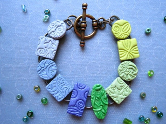 Stamped Polymer Clay Bracelet - Blue Green Texture Tiles