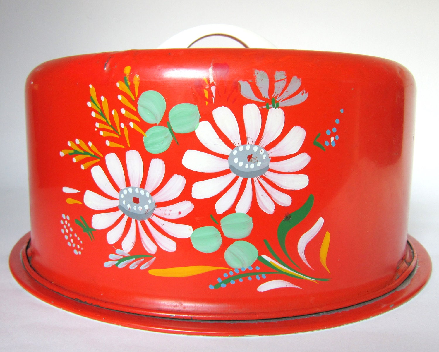 Vintage 1950s Ransburg "Kitchen Bouquet" Cake Carrier, Orange Red with Flowers, Tin Cake Saver Caddy