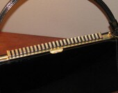 Ladies Who Lunch //AETNA Shiny Black Keyboard Kelly Bag Purse 50s 60s Handbag Vegan Structured Gold FRAME Bag USA