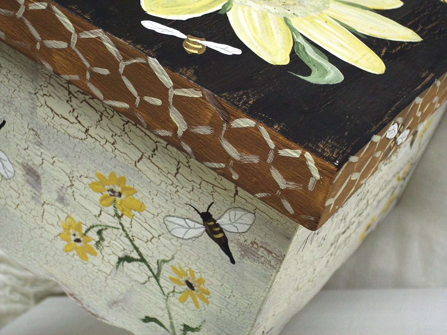 Tea Box Cottage Home Sunflower Shabby Chic Beekeeper Gift Box Honeybee Autumn Harvest Decor Bee Art Black and Gold Primitive Thoreau Quote