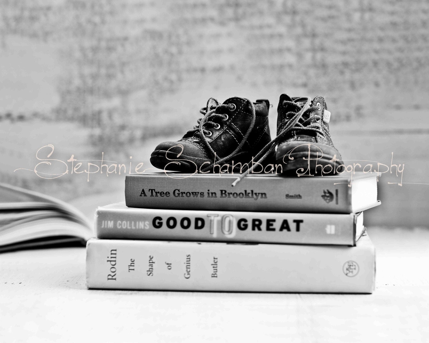 16x20 Black and White Toned Print : Baby Shoes and Books 1
