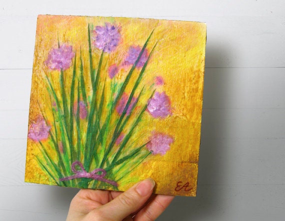 Chive Kitchen Wall Art, Mixed Media Collage, Herb Art, Mixed Media Painting, Original Mixed Media Art, Cottage Home Decor