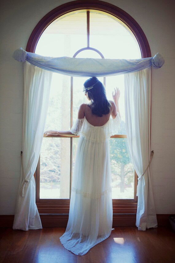 Stunning low lace back wedding dress with silk chiffon body perfect for beach or garden vintage bohemian wedding