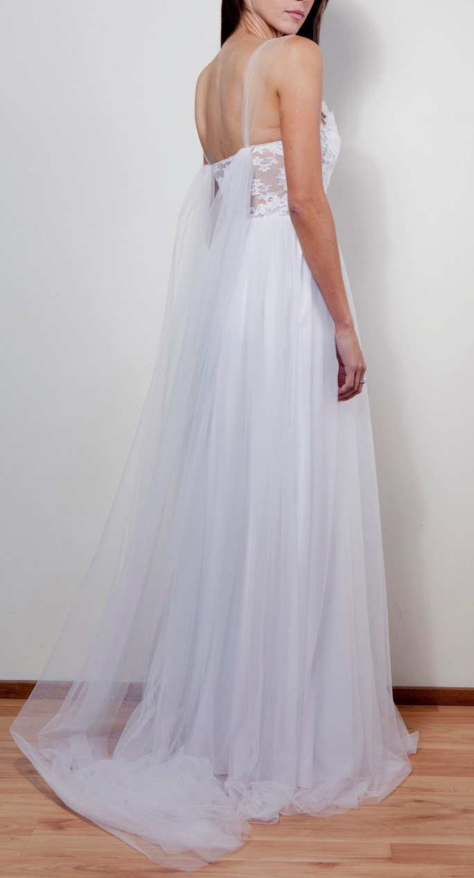Magical white lace wedding dress with soft tulle skirt and invisible neck line