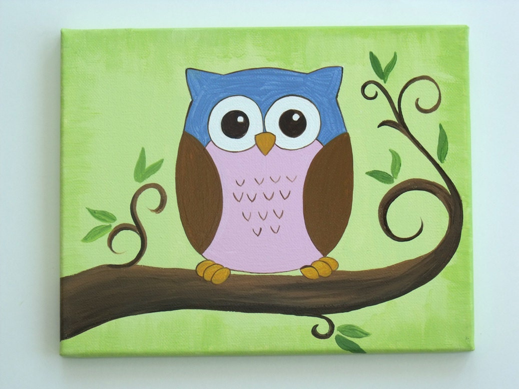 Cute little owl sitting in tree, Handpainted on Canvas
