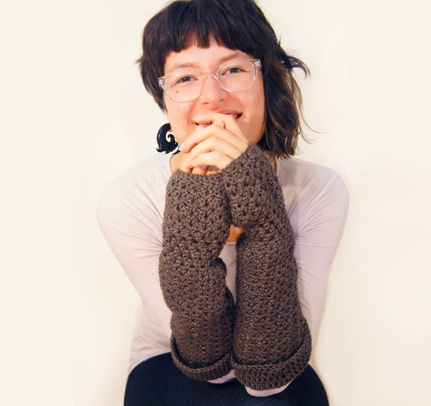 Crochet Arm Warmers. fingerless gloves- Yak bamboo blend yarn - Warm Grey Brown. cocoa - Unisex