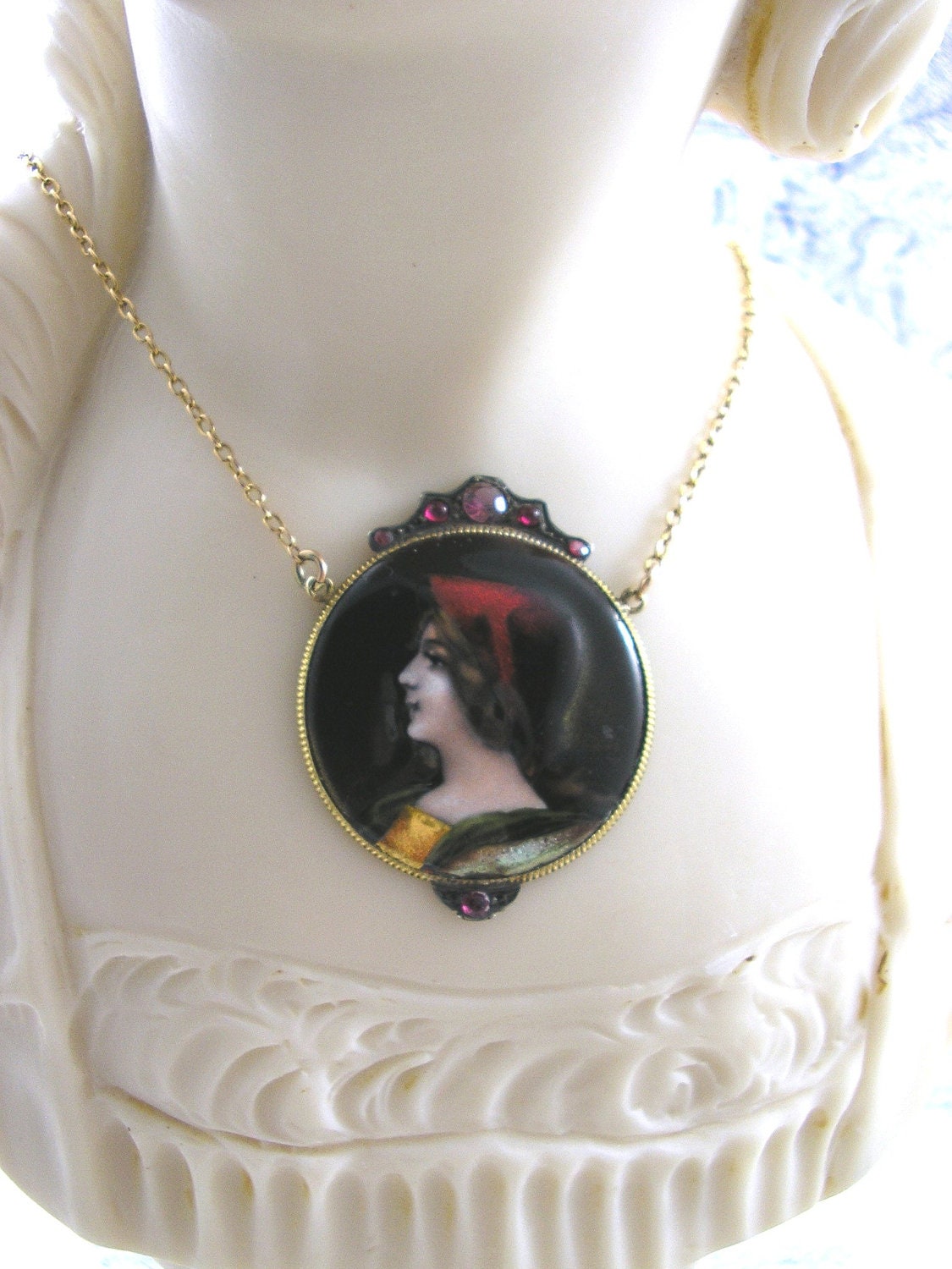 Antique Limoges Enamel Necklace Garnets 18ct Gold Paul Bonnaud