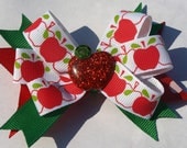 sparkly apple hair bow- red and green hair clip- back to school accessory