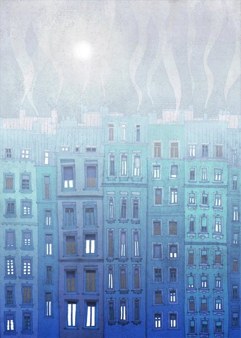 Foggy day in Paris - Paris illustration - Paris art illustration print - Paris decor -Love, light blue, white, Paris,France, French