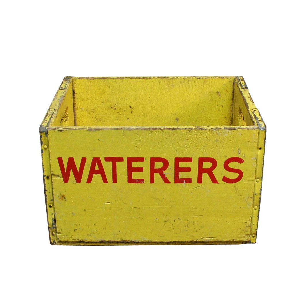 Vintage Industrial Yellow Wooden Crate -- Waterers Hardware Box