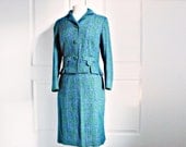 Vintage 50s boucle suit/ tailored wiggle silhouette/ deep teal greens and blues/ Bentley of Boston skirt suit/ Martha's Vineyard