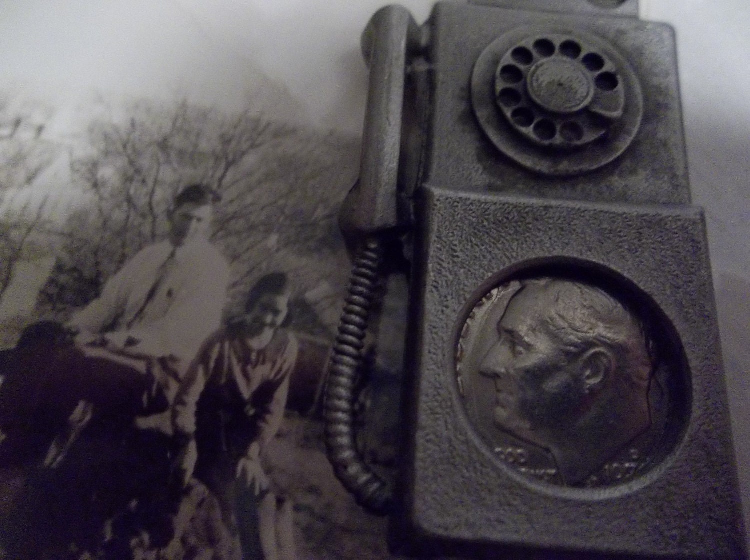 Pay Phone 10 Cent Phone Calls Wall Telephone Pewter Key Chain with 1970s Dime