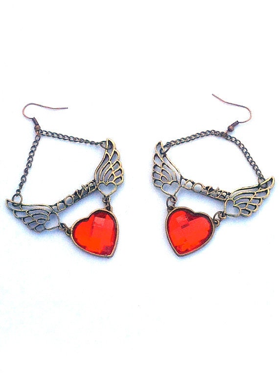 Love Flies - Red Heart Earrings With Wings