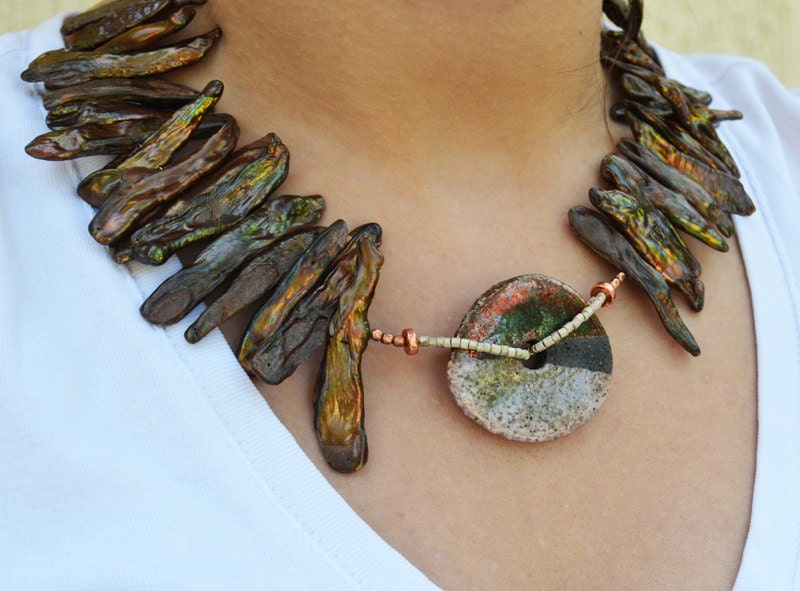 Brown raku ceramic bead necklace Bold bronze stick pearl necklace Copper silver metal Pearl jewelry Chunky tribal bohemian beaded jewelry