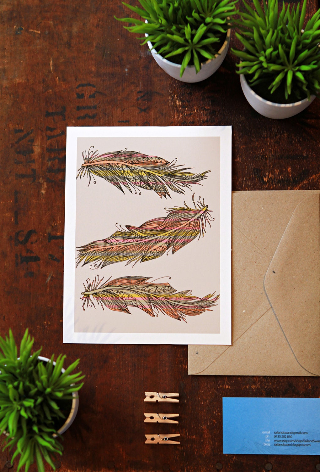 7x5 Giclee Art Print - Original Drawing of Three Feathers