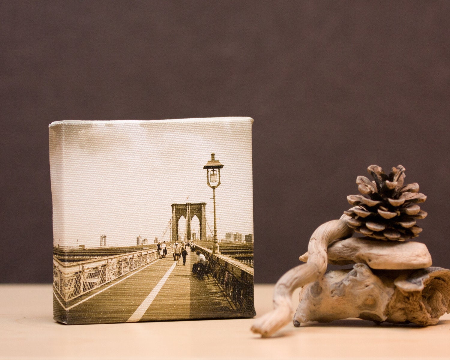 Brooklyn Bridge Canvas Art Block 4x4, Vintage Old Look, Gallery Wrap Ready to Hang, New York City, oht, french roast brown