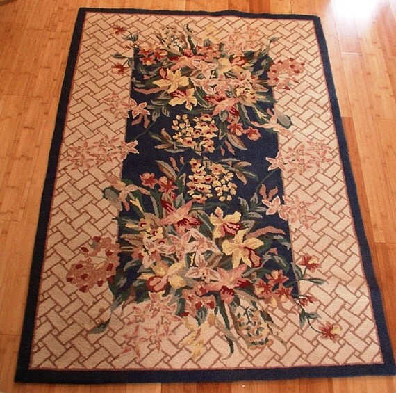 Area Rug Floral Flower Garden Wool Loop Hooked 65 by SmartSquirrel