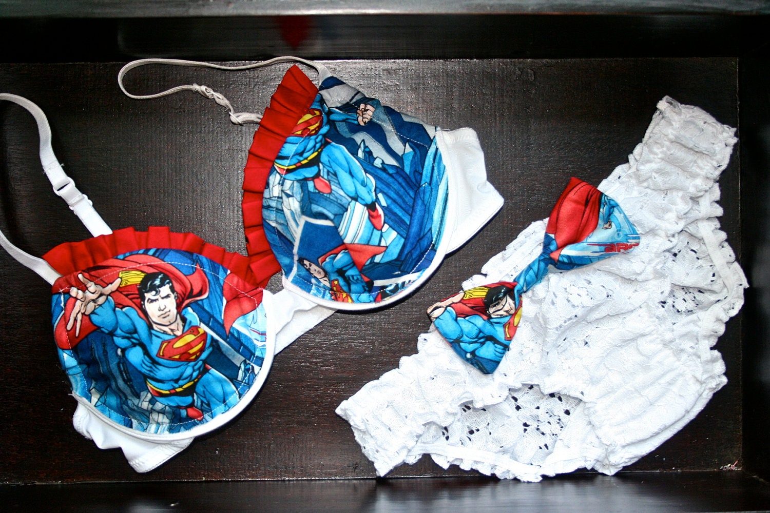 SUPER RUFFLED SUPERMAN Push-Up Set: White Push-Up Bra with Superman Comics Fabric and Matching Bow Panties