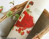 Red Strawberry and Girl Linen Fabric, Hand Printed Linen Cotton- Girl and Strawberry Love You  Panel 8"x 8" (20cm X 20cm)