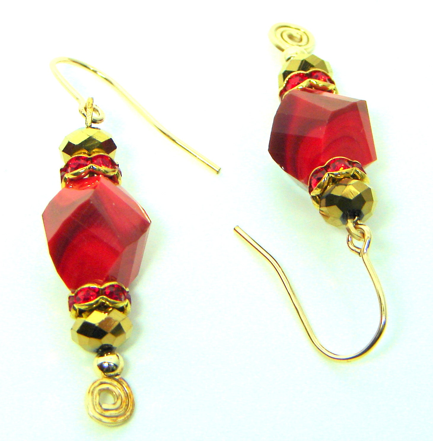 Red Gold Earrings, Red Gold Glass Earrings, 14K Gold Earrings, Beadwork Earrings, Wire wrapped Earrings, Red Crystal Earrings