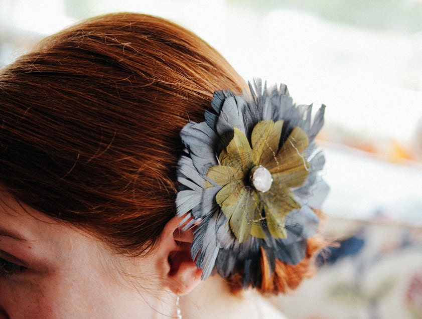 Green and Gray Vintage inspired Bridesmaid Fascinator Feathers Hair Flower