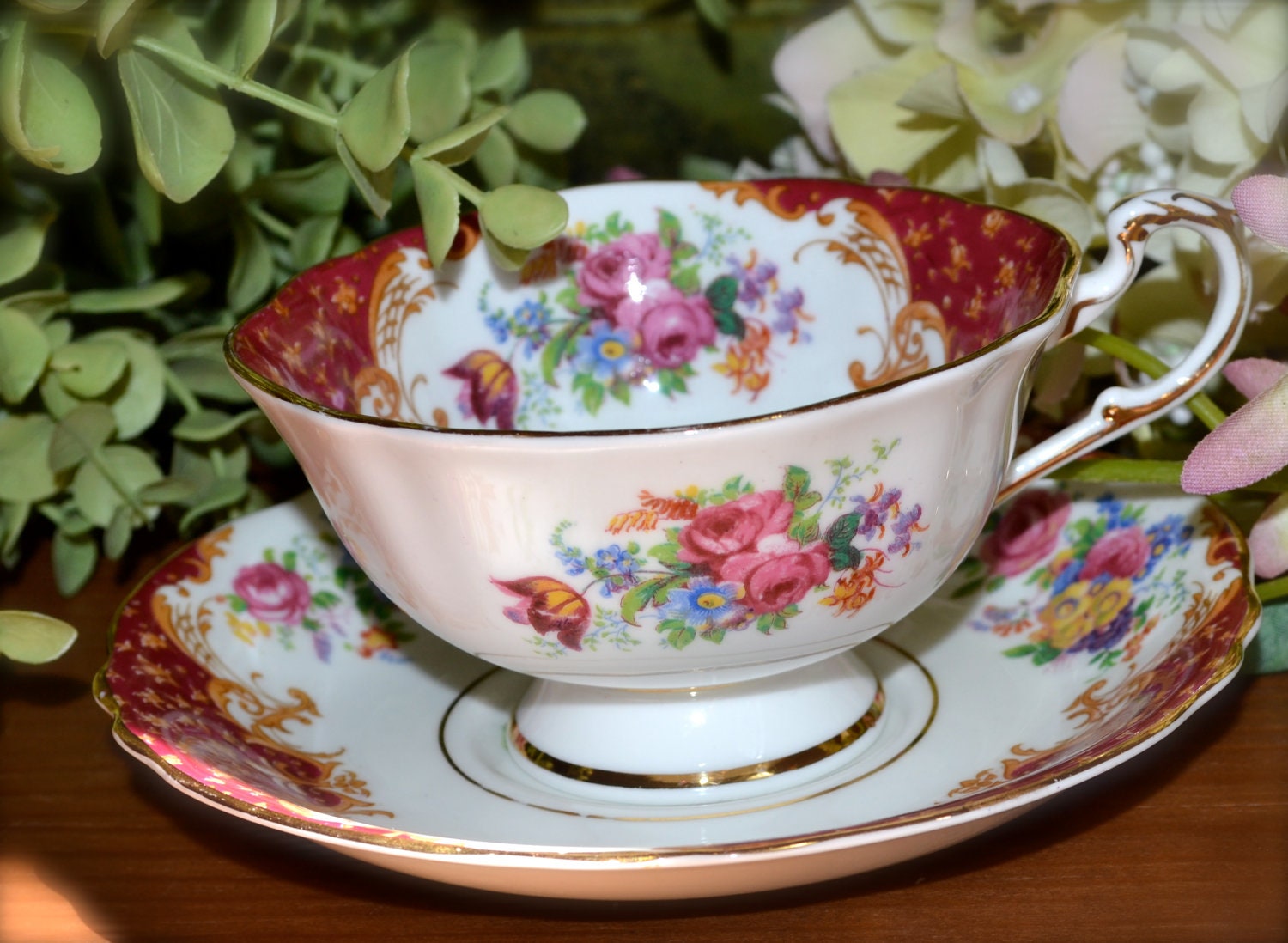 Vintage Paragon Fine Bone China Tea Cup and Saucer, Rockingham-Red, Gold Gilt, Tea Cup and Saucer, England